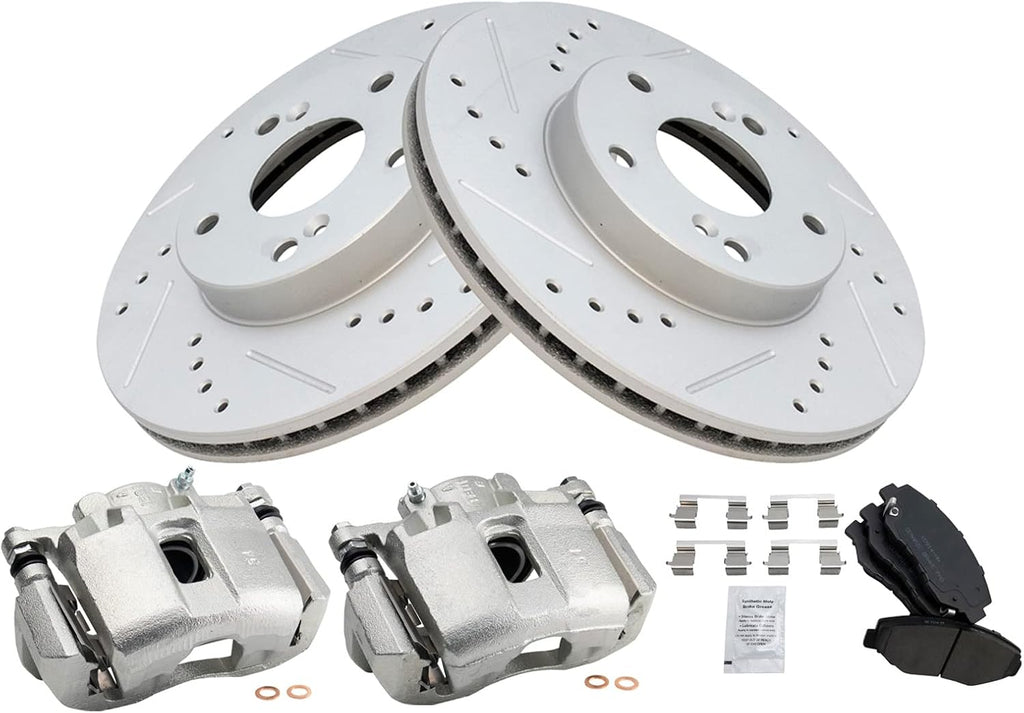 TRQ Performance Front Brake Pad and Rotor Set Ceramic Vented Coated Rotors Calipers Compatible with 2003-2004 Honda Accord