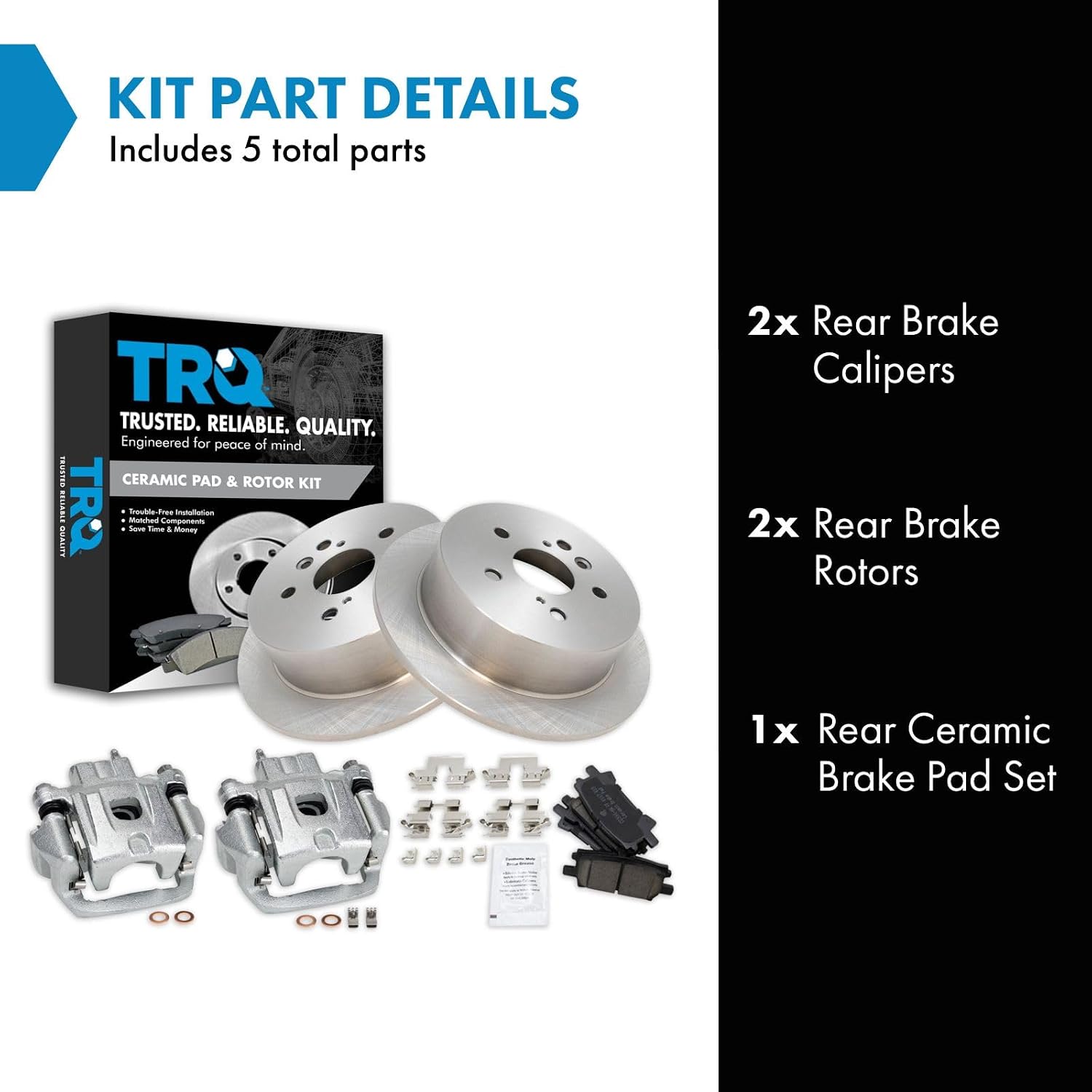 TRQ Rear Brake Pad and Rotor Set Ceramic Solid Rotors Calipers Compatible with 2004-2006 Lexus RX330 2007-2009 RX350 2006-2008 RX400h 2006-2007 Toyota Highlander