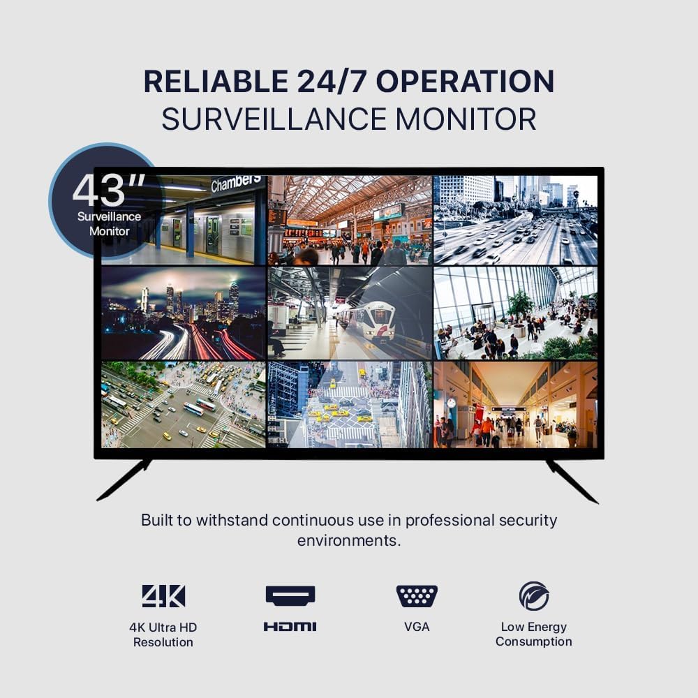 43 Inch Surveillance Grade Large Size 24/7 4K Monitor Screen, 4K LCD Monitor, HDMI/VGA/DVI/BNC Inputs, 3840 x2160 HD, 16:9, 8.5ms Response, Designed for CCTV Security DVR/NVR Camera System
