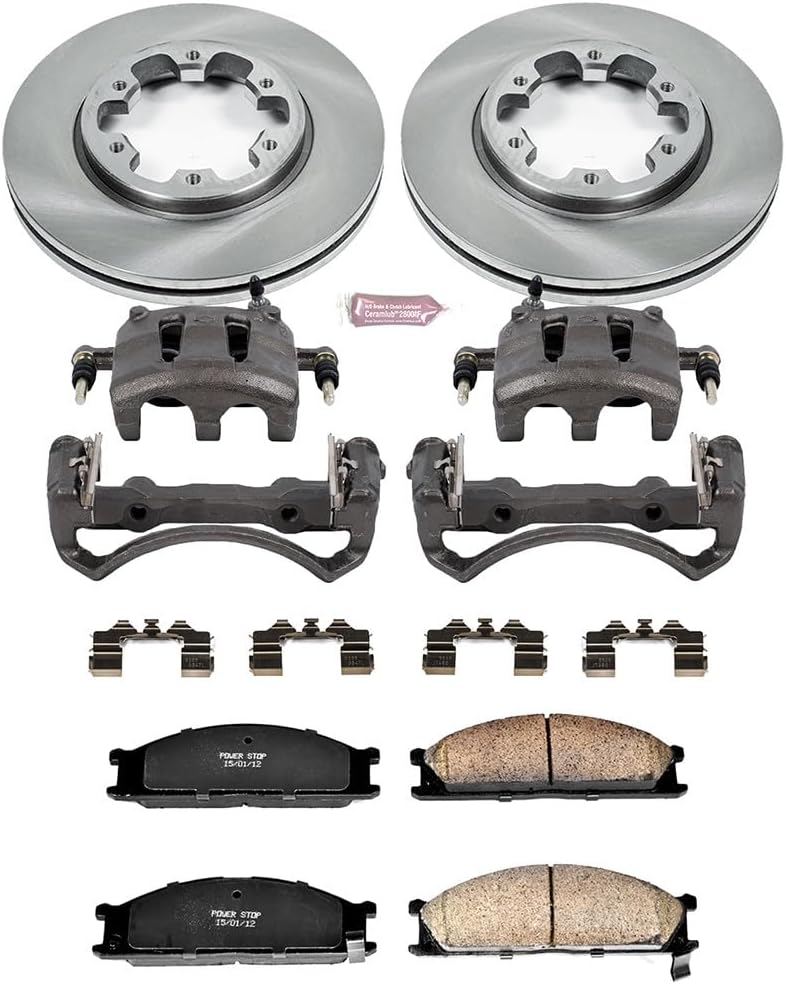 PowerStop Front Brake & Caliper Kit for Nissan D21 1993-94 | Nissan Frontier 2001-02 - Ceramic Brake Pads + Calipers + Disc Rotors Replacement, KCOE4837A