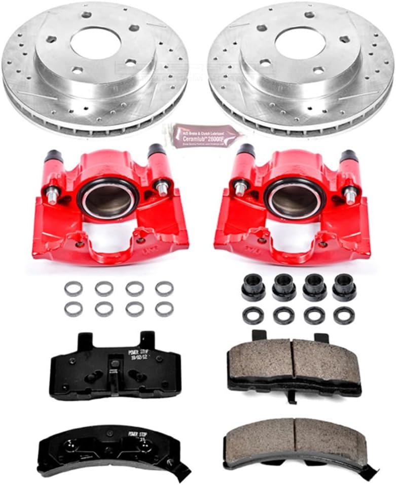 PowerStop Front Brake & Caliper Kit for Dodge Ram 1500 1994-99 - Carbon-Fiber Ceramic Brake Pads + Drilled & Slotted Rotors + Red Powder Coated Calipers, KC2126