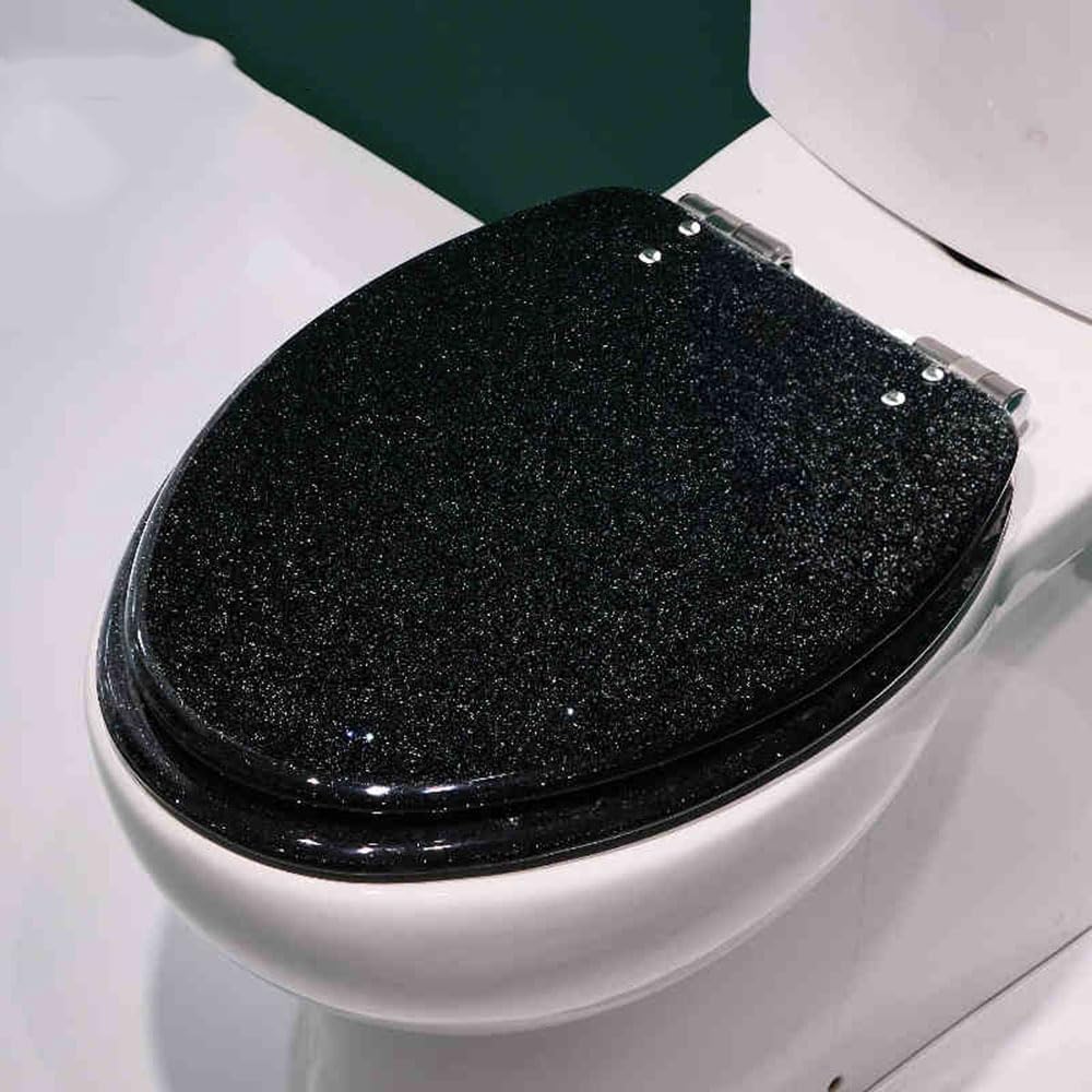 Resin Toilet Seat Elongated Soft Close Toilet Seat Easy Clean & 360° Adjustable Hinges, Quick Release Heavy Duty Toilet Seats with Glitter Cover,Silver(Black)