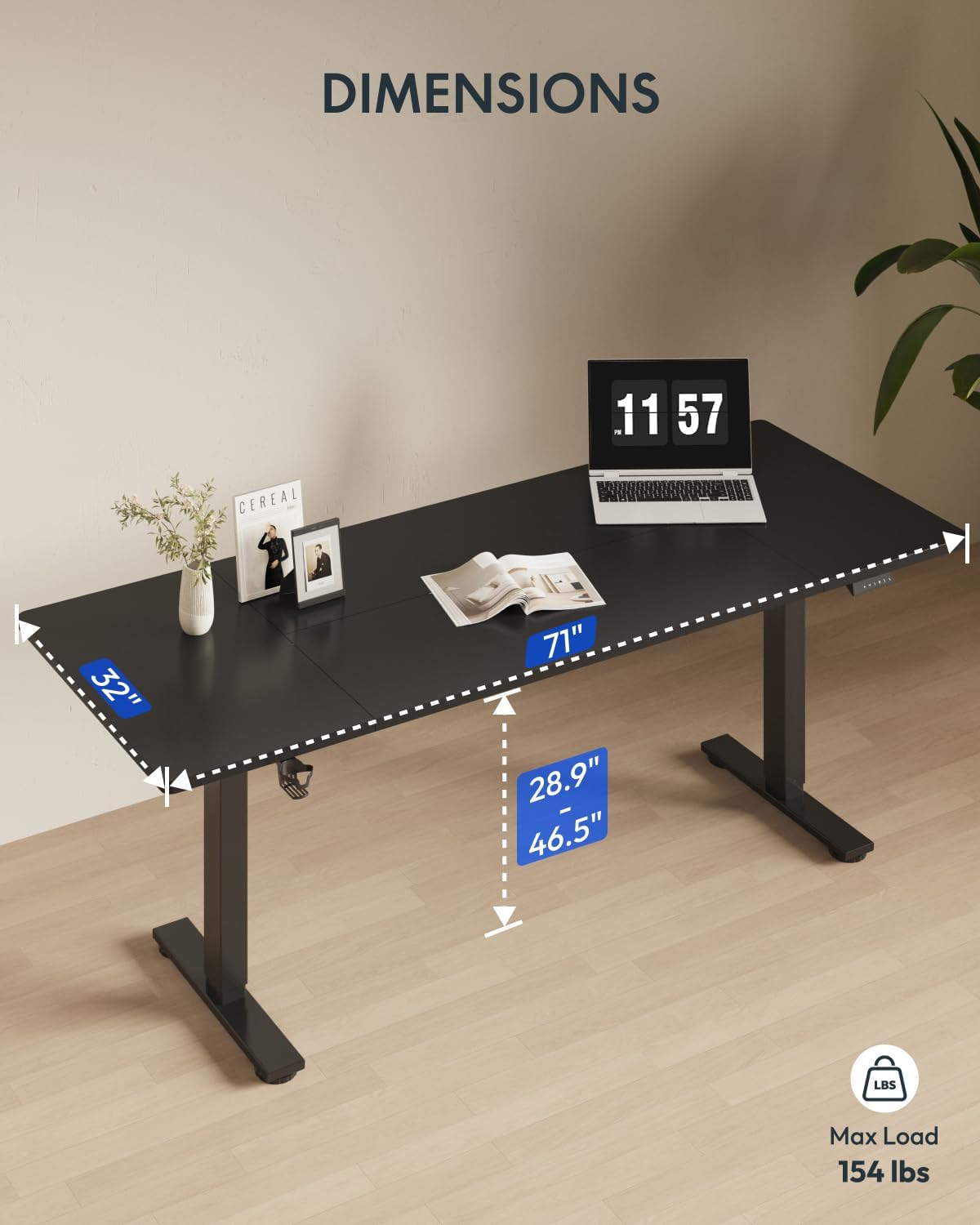 FLEXISPOT 71x32 Inch Electric Large Standing Desk for Home & Office, Spacious Splice Board Desk with Cable Management & Organizer, Cup Holder & Hook, Black