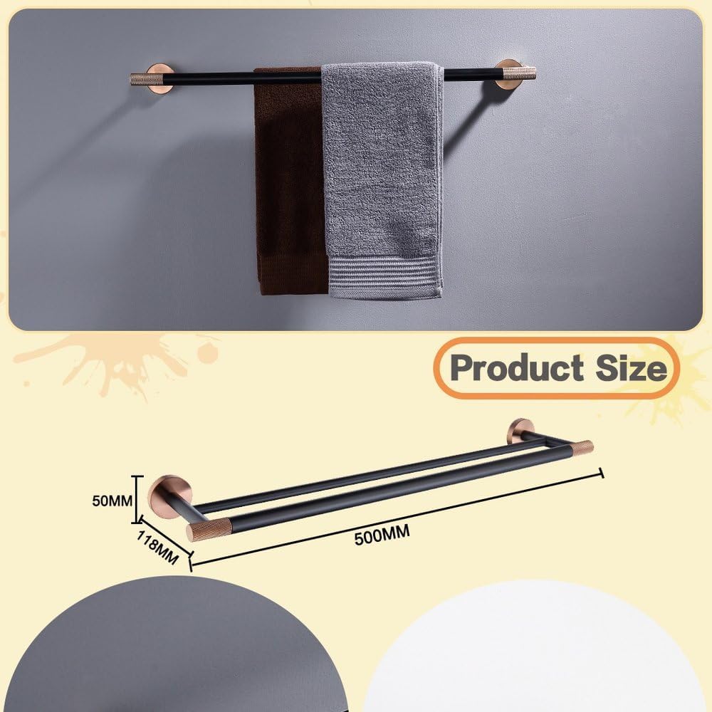 Rose Gold Black Stainless Steel Bath Towel Rack Paper Hook Robe Cup Toilet Brush Wall-Mounted Bathroom Accessories,Double Towel Bar