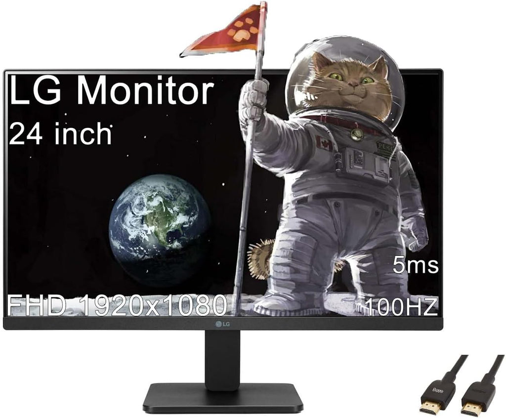 LG 24 inch FHD (1920x1080) Monitor, 100Hz, 5ms, LED Display with sRGB 99% Color Gamut, IPS 3-Side Borderless Display, AMD FreeSync (HDMI), Black, with 5ave HDMI Cable