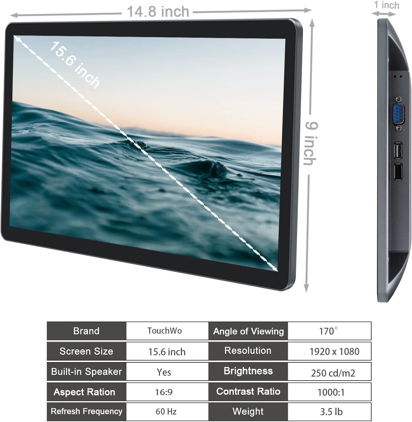 15.6 inch Capacitive Multi-Touch Screen Industrial Monitor, 16:9 Display 1920 x 1080P, Built-in Speakers, VGA & HD-MI Monitor for PC, POS, Small Business, Restaurant