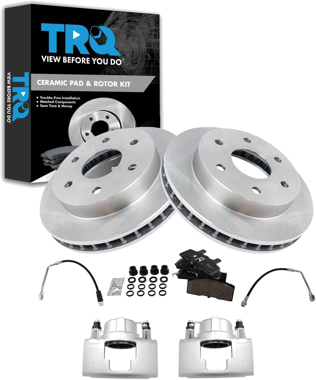 TRQ Front Brake Pad and Rotor Set Ceramic Rotors Calipers Hoses Compatible with 1994-1998 Chevrolet K1500 1988-1996 K2500 1998-2000 Tahoe 1994-1996 GMC K1500 K2500 1995-1997 Yukon