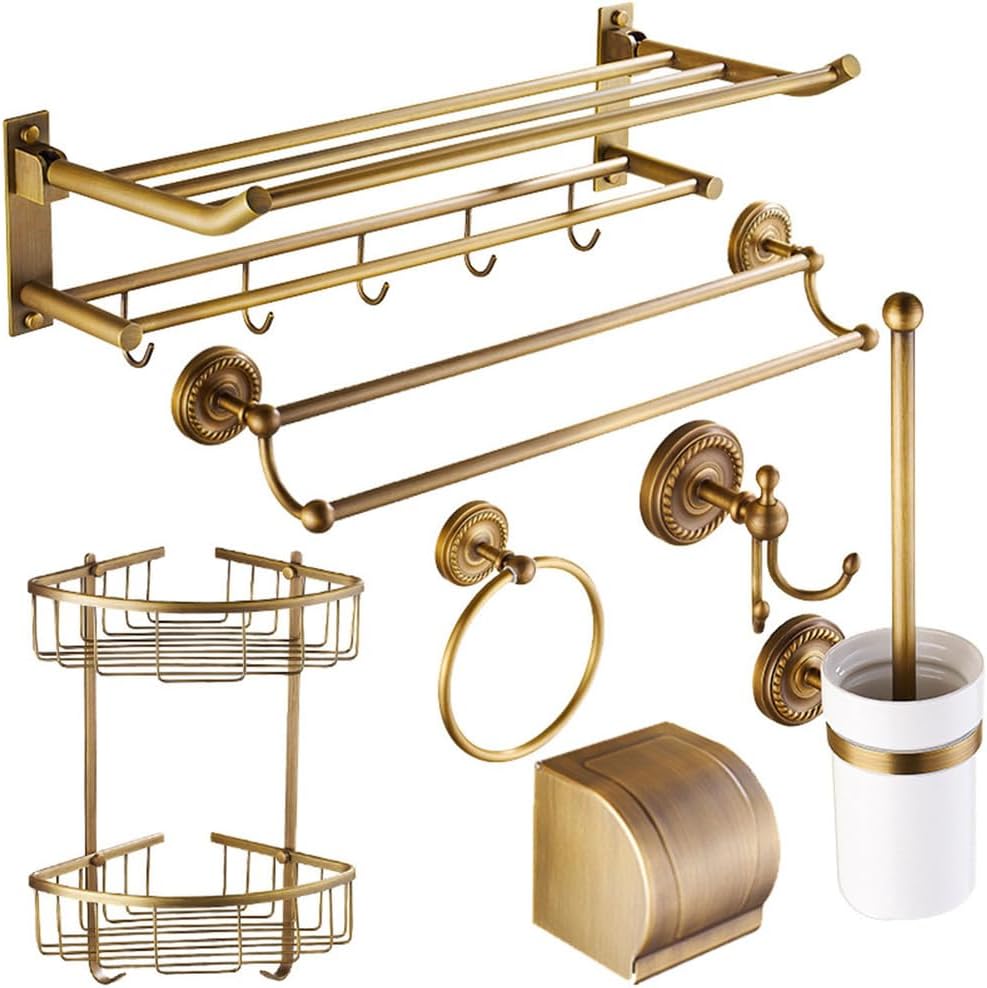 Bathroom Hardware Set,Towel Rack Set for Bathroom European Antique Brass Bath Towel Bar Toilet Wall Hanging Bathroom Pendant Towel Rack Stand,Seven Piece Set