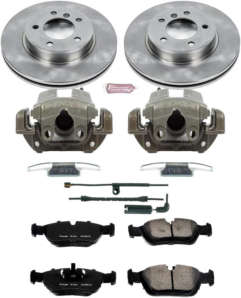 PowerStop Front Brake & Caliper Kit for BMW 323Ci 2000 |323i 2000 |325Ci 2001-06 |325i 2001-05 |328Ci 2000 |BMW 328i 1999-00 - Ceramic Brake Pads + Calipers + Disc Rotors Replacement, KCOE869