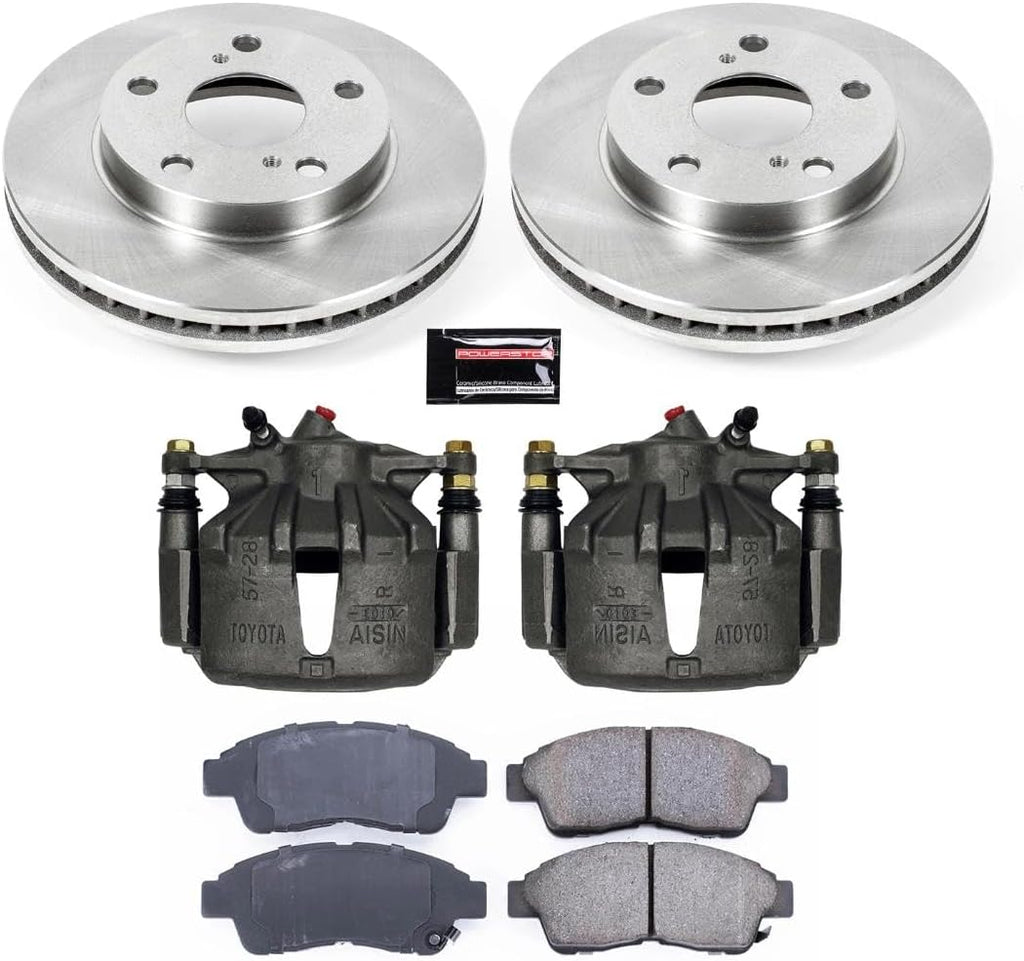 PowerStop Front Brake & Caliper Kit for Toyota Camry 1992-96 - Ceramic Brake Pads + Calipers + Disc Rotors Replacement, KCOE1052