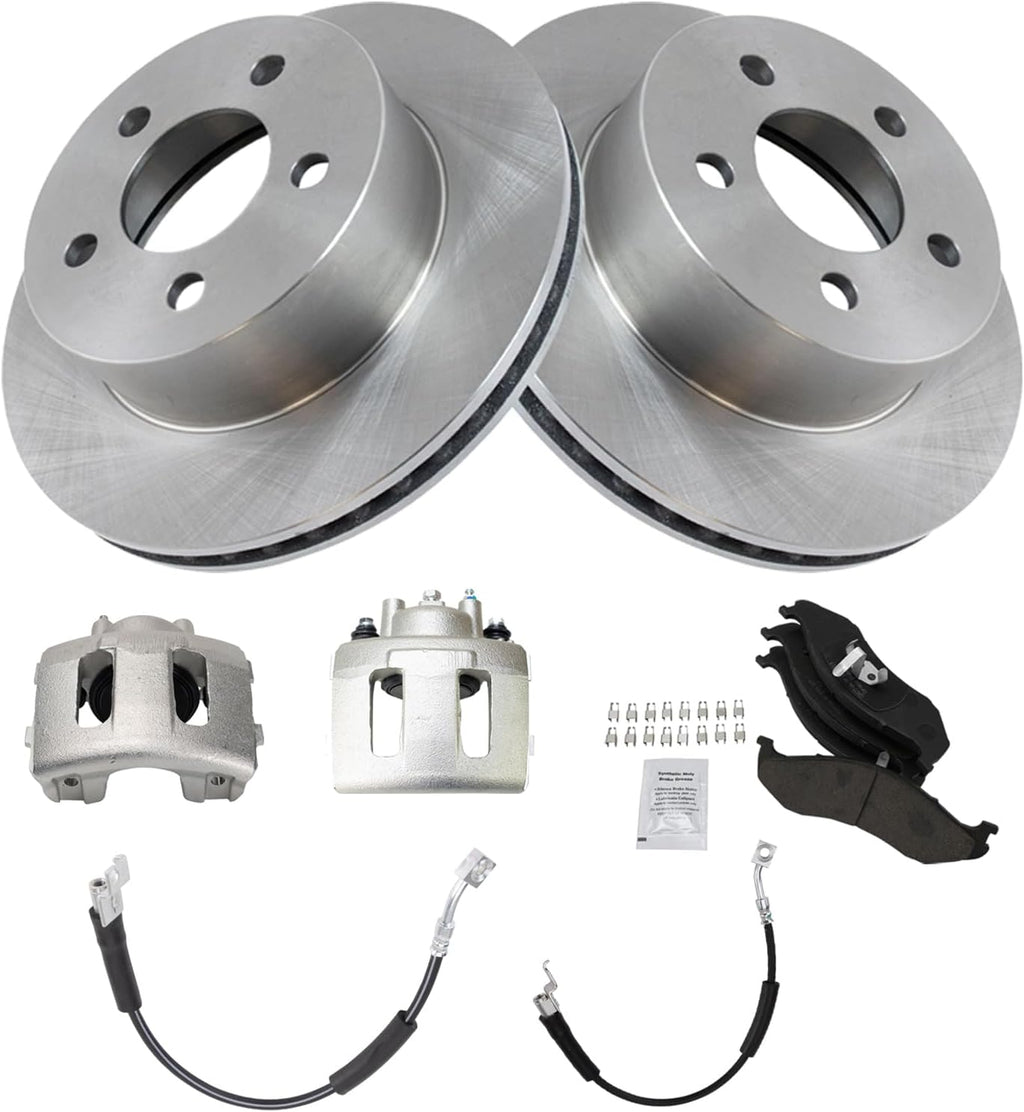 TRQ Front Brake Pad and Rotor Set Ceramic Rotors Calipers Hoses Compatible with 1999-2001 Jeep Cherokee 1999-2006 Wrangler