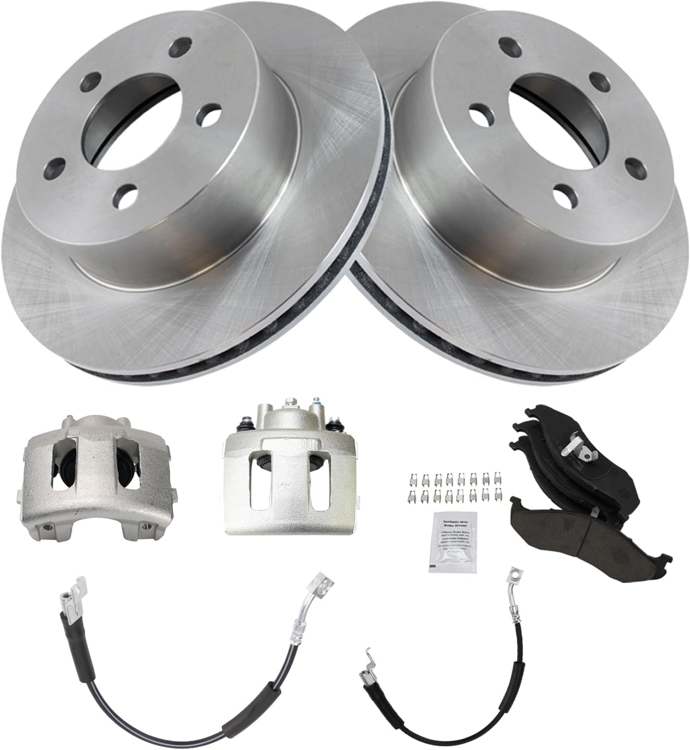 TRQ Front Brake Pad and Rotor Set Ceramic Rotors Calipers Hoses Compatible with 1999-2001 Jeep Cherokee 1999-2006 Wrangler