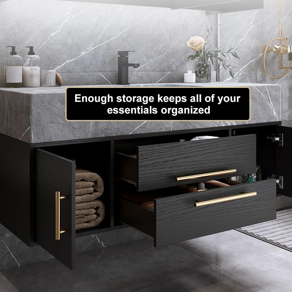 Floating Bathroom Vanity with Sink, 39.5 Inch Modern Bathroom Vanity Cabinet with Sintered Stone Top, Ceramic Undermount Sink, 2 Drawers, Black (Wall Mounted, Gold Handle)