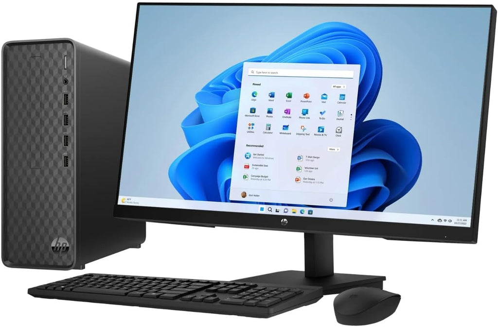 HP 27-inch Monitor, Slim Desktop Bundle, Intel Core i3-12100, 8GB RAM, 512GB SSD, Windows 11, Wireless Keyboard and Mouse, Full HD Display, Home and Office PC Setup