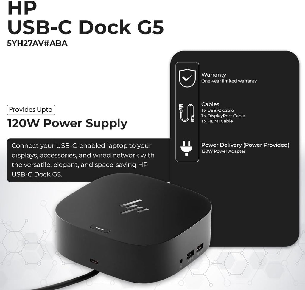 HP Docking Station for Laptop Dual Monitor and Charging Bundle - USB-C G5 Dock 5YH27AV#ABA with 120W Adapter + HDMI Cable + DisplayPort Cable + USB-C Cable + Microfiber Cloth (Renewed)