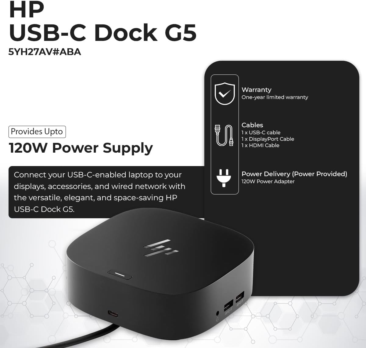 HP Docking Station for Laptop Dual Monitor and Charging Bundle - USB-C G5 Dock 5YH27AV#ABA with 120W Adapter + HDMI Cable + DisplayPort Cable + USB-C Cable + Microfiber Cloth (Renewed)