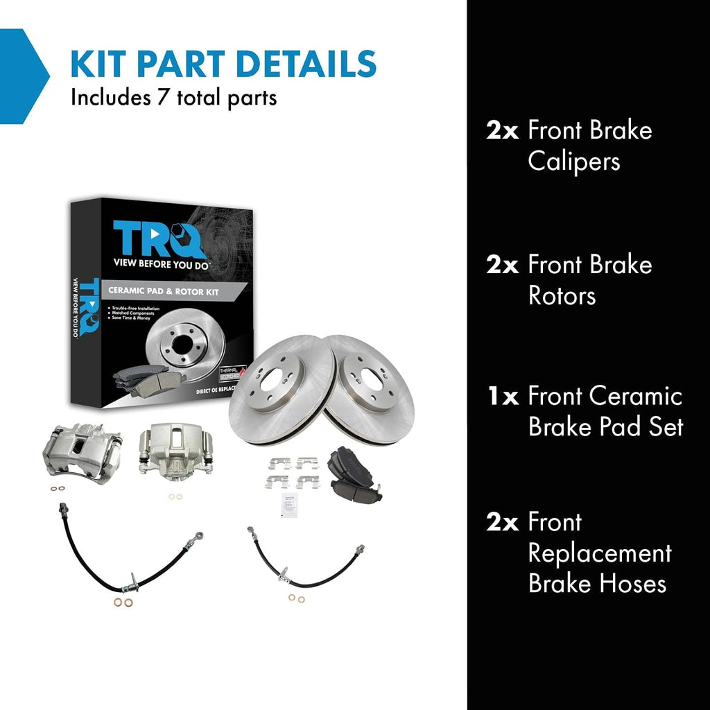 TRQ Front Brake Pad and Rotor Set Ceramic Rotors Calipers Hoses Compatible with 2003-2007 Honda Accord