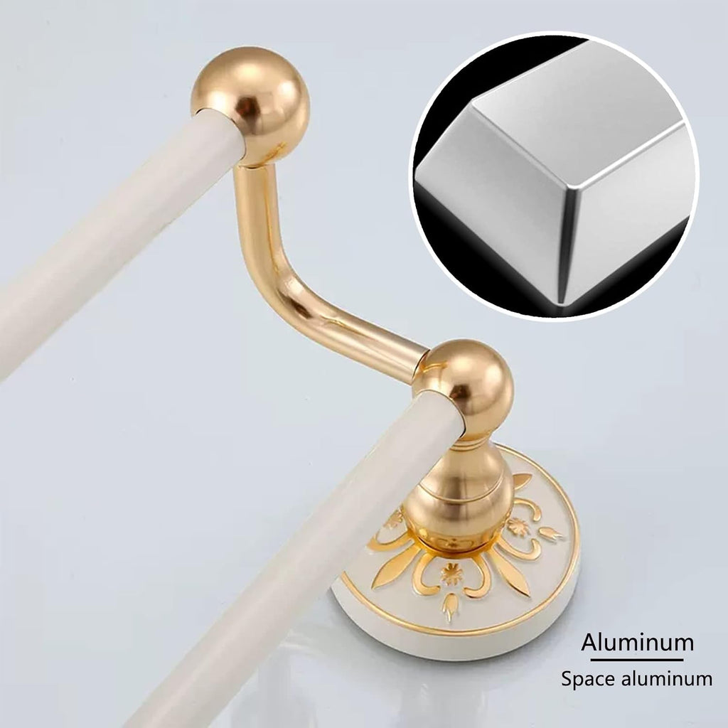 Aluminum Alloy Towel Rack ，Foldable Bathroom Towel Holder ，Towel Rail Bar,All Aluminum Double Towel Hanger Rack,Wall Mounted Towel Holder,Bathroom Accessories,Screws Mounting,Gold and White(100cm)