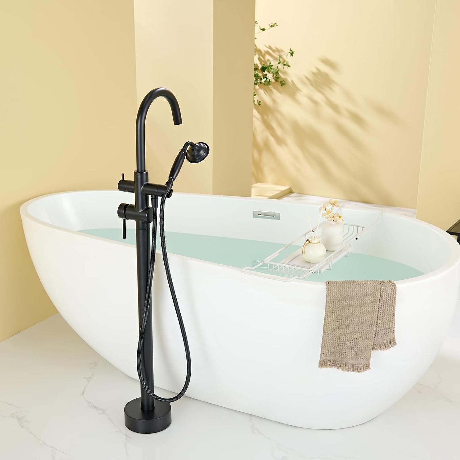 Wowkk Tub Filler Freestanding Bathtub Faucet Black Floor Mounted Brass Bathroom Tub Faucets with Hand Shower