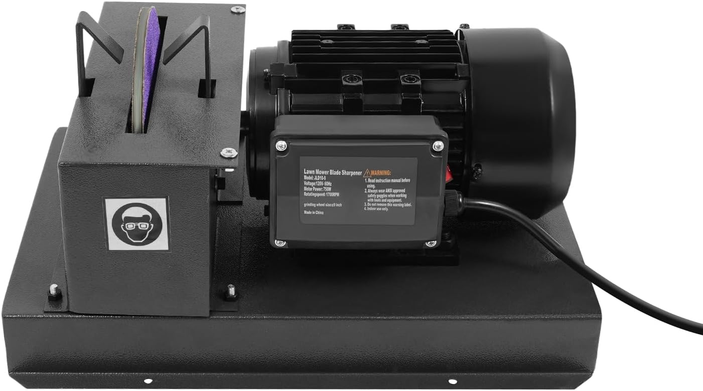 Lawn Mower Blade Sharpener, 1HP 750W Blade Grinder with 9-Inch Zirconium Corundum Wheel, 1700 RPM Sharpening Machine for High/Low Lift, Gator & Flat Blades (120V US Plug)