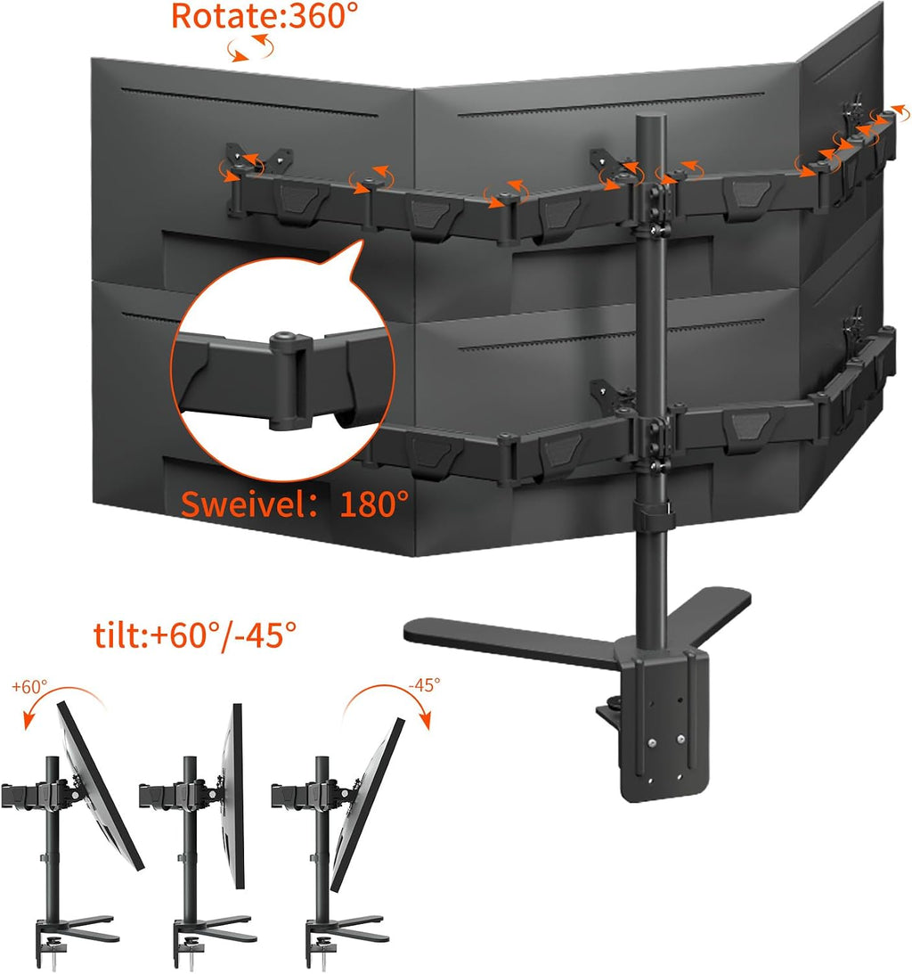 Hex Six Monitor Desk Mount Arm, 6 Screen Fully Adjustable Bracket Stand Fits Screens up to 32 inch, 19.8 lbs Weight Capacity per Screen, Black HLX35JX-6P