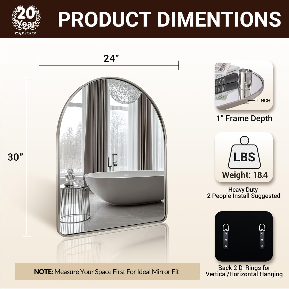 ANDY STAR Arched Wall Mirror, 24x30'' Brushed Nickel Bathroom Mirror, Arch Bathroom Mirror SUS304 Stainless Steel Frame 1'' Deep Set Wall Mounted Vertical for Bathroom Remodel,Over Sinks, Home Decor
