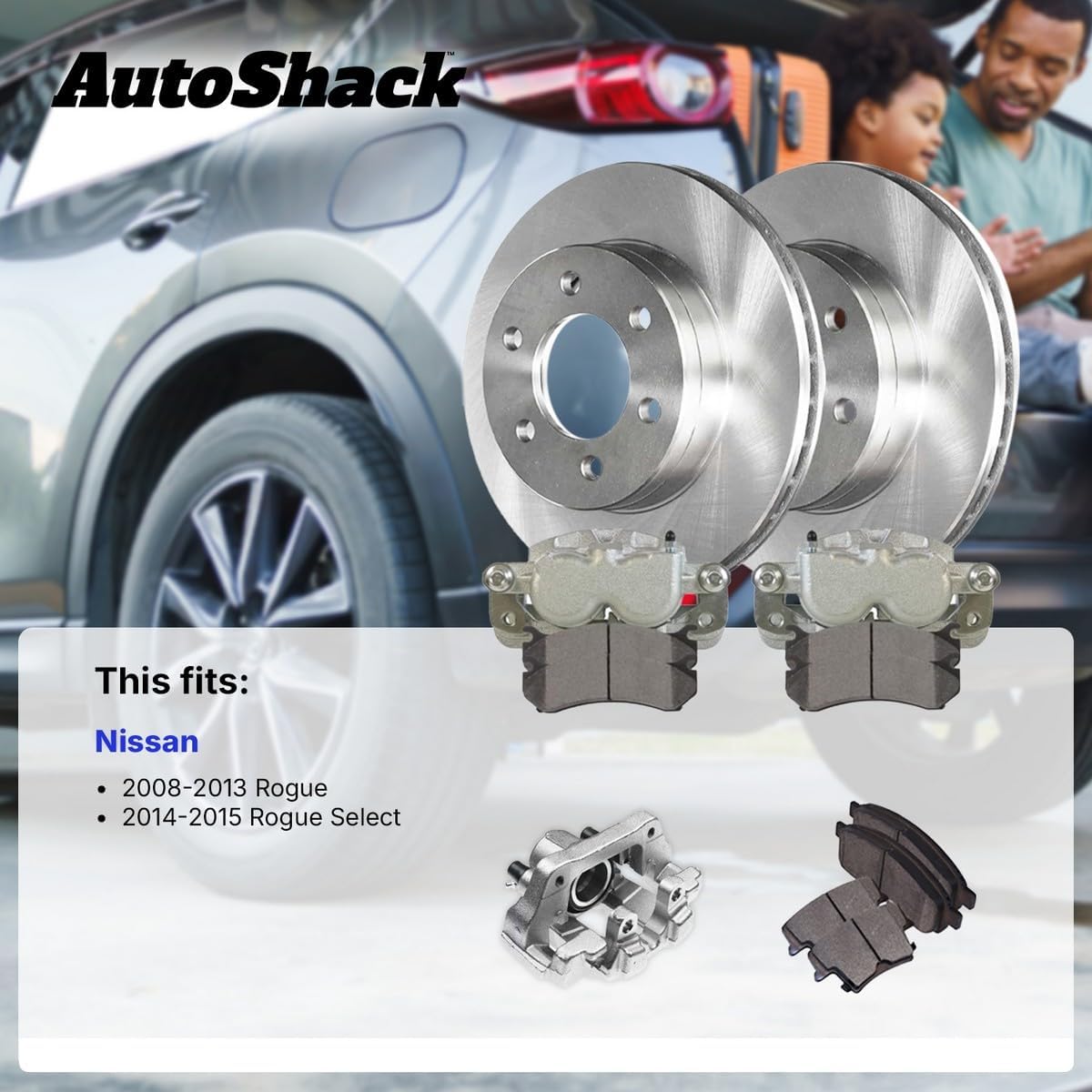 AutoShack Rear Brake Rotors, Ceramic Pads & Calipers for Nissan, Rogue 2008-2013 Rogue Select 2014-2015, AWD FWD L4 2.5L - 11.49' (291.8 mm), 5-Lug