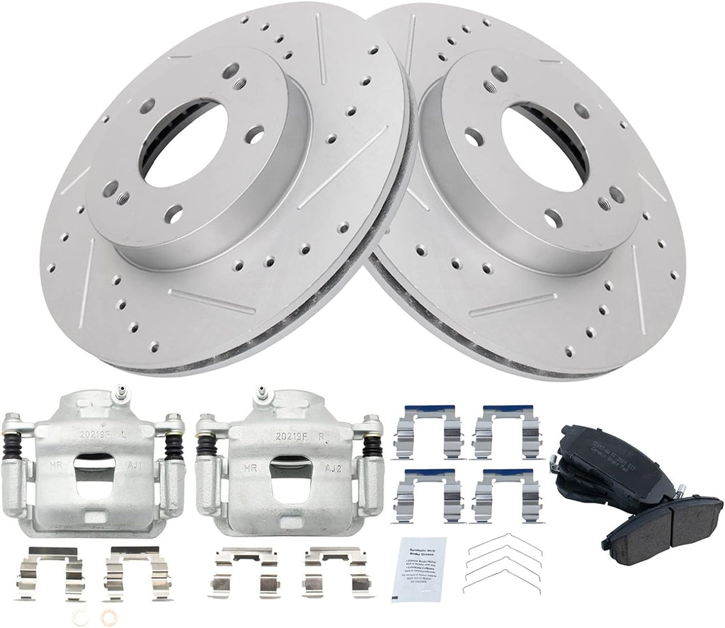 TRQ Performance Front Brake Pad and Rotor Set Ceramic G Coated Slotted Drilled Rotors Calipers Compatible with 1996-1999 Infiniti I30 1989-1999 Nissan Maxima