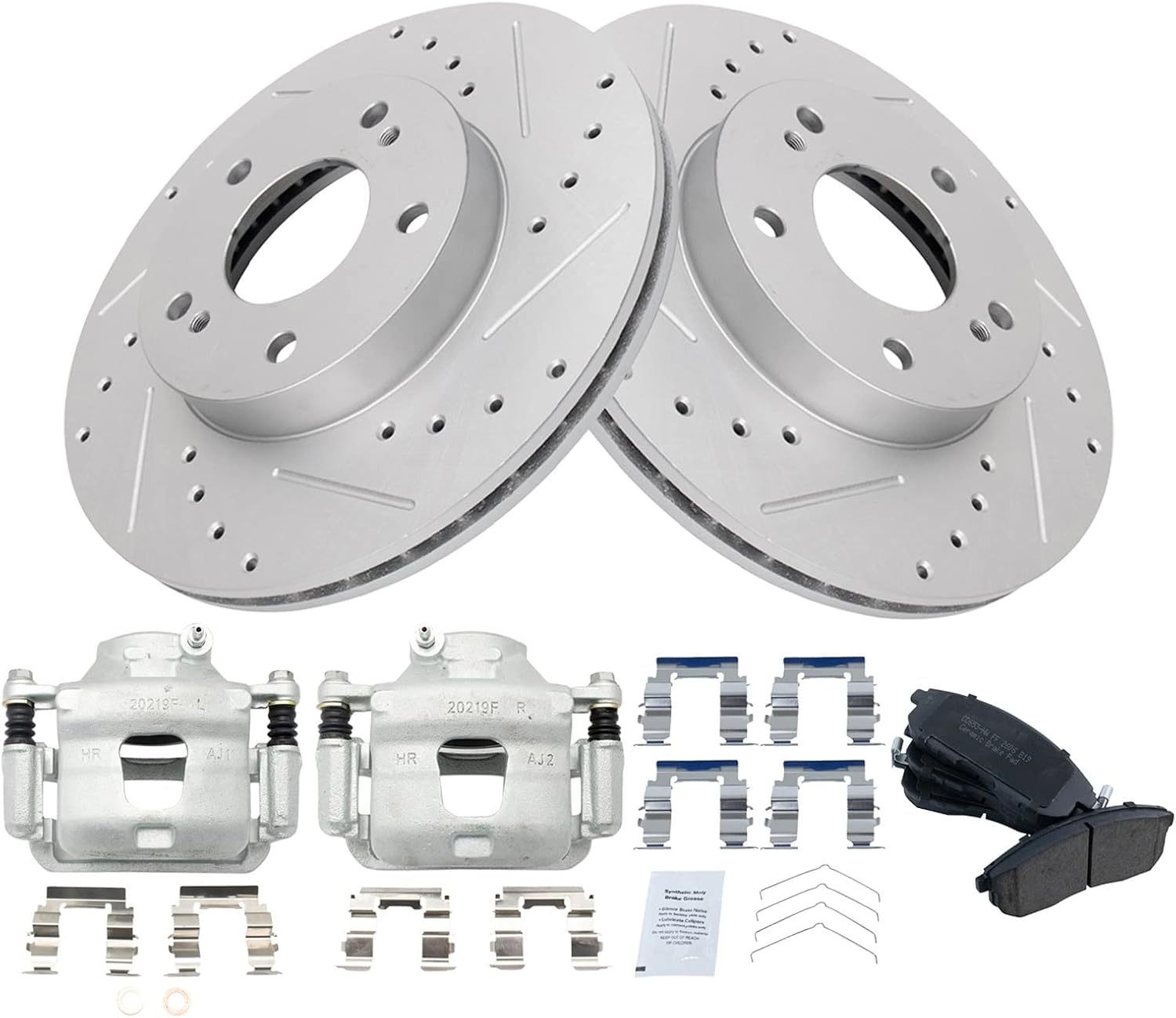 TRQ Performance Front Brake Pad and Rotor Set Ceramic G Coated Slotted Drilled Rotors Calipers Compatible with 1996-1999 Infiniti I30 1989-1999 Nissan Maxima