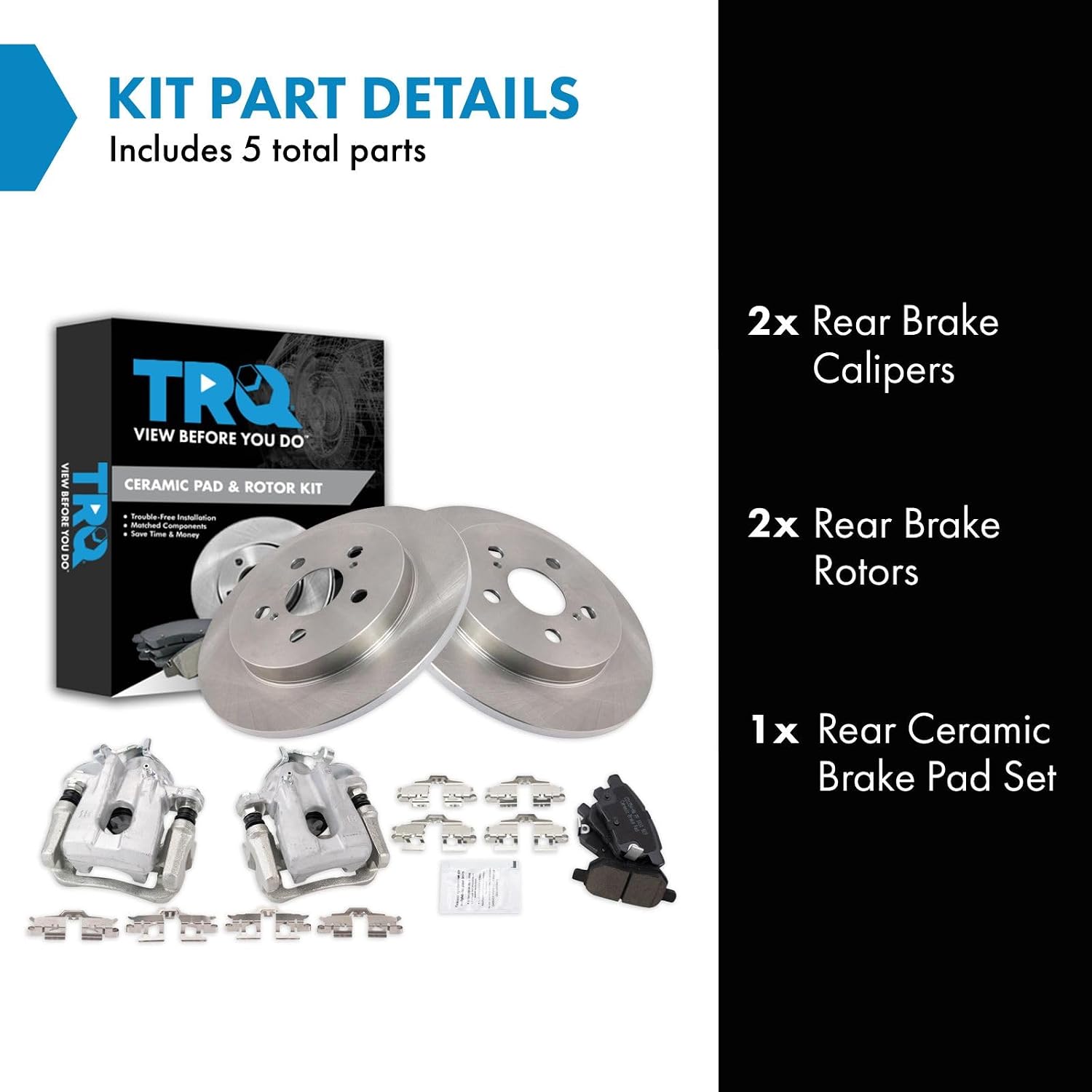 TRQ Rear Brake Pad and Rotor Set Ceramic Solid Rotors Calipers Compatible with 2010-2013 Toyota Prius