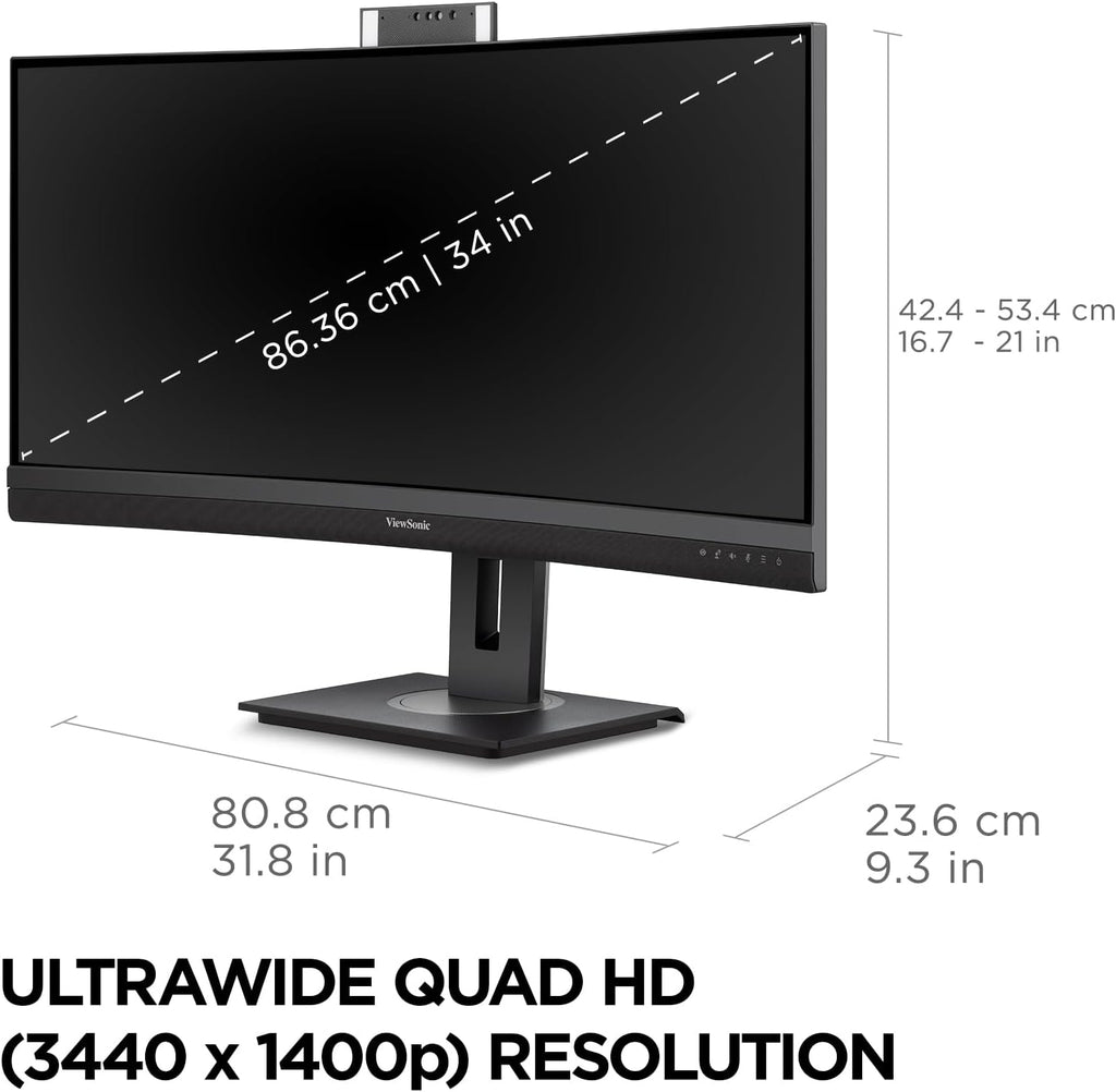 ViewSonic VG3457CV 34 Inch 1440p Ultrawide Docking Monitor, Curved IPS with Windows Hello IR Webcam Compatibility for Smooth Video Conferencing, Full Ergonomic Adjustability, 100W USB-C, and HDMI