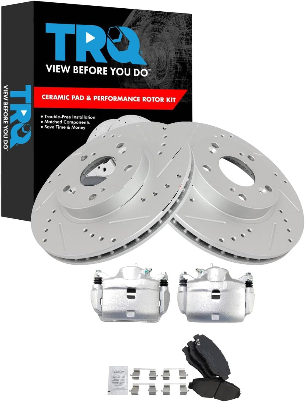 TRQ Performance Front Brake Pad and Rotor Set Ceramic Vented Rotors Calipers Compatible with 2002-2004 Honda CR-V