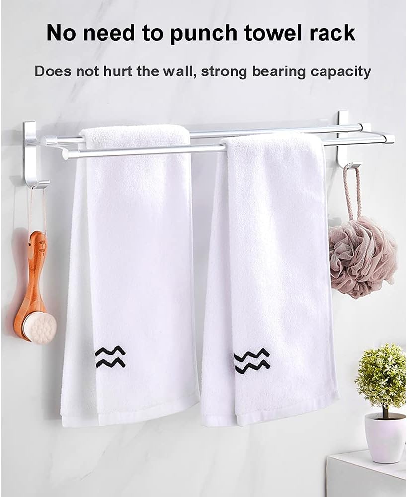 LSLYTQ Towel Rail Rack Bathroom Matt Silver Towel Rack, Space Aluminum Fashion Black Wall Mounted Double Bar, Towel Hanger with Hooks Home Accessories for Bathroom Kitchen