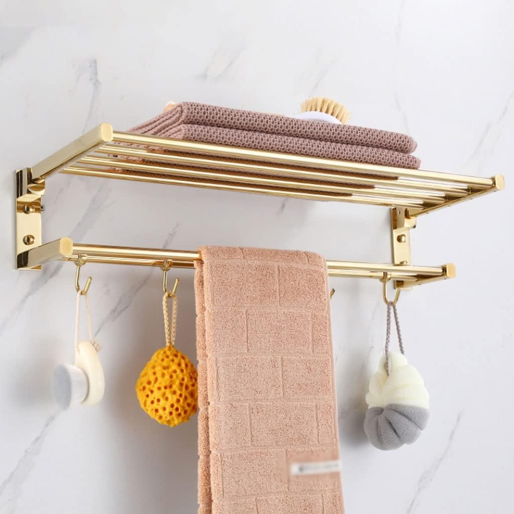 Foldable All Copper Towel Rack with 5 Hooks Wall Mounted Double Towel Shelf for Bathroom Towel Holder with Towel Bar and Hooks 59cm Gold Color,A-gold-59Cm