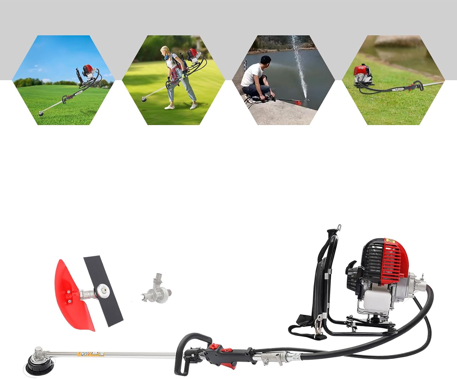Brush Cutter Gas Powered 2 in 1 Backpack 4 Stroke Weed Wacker 31CC 750W Cordless Air Cooling Single Cylinder Gasoline Powered Tiller Grass Hedge Trimmer Lawn Mower, 8500RPM