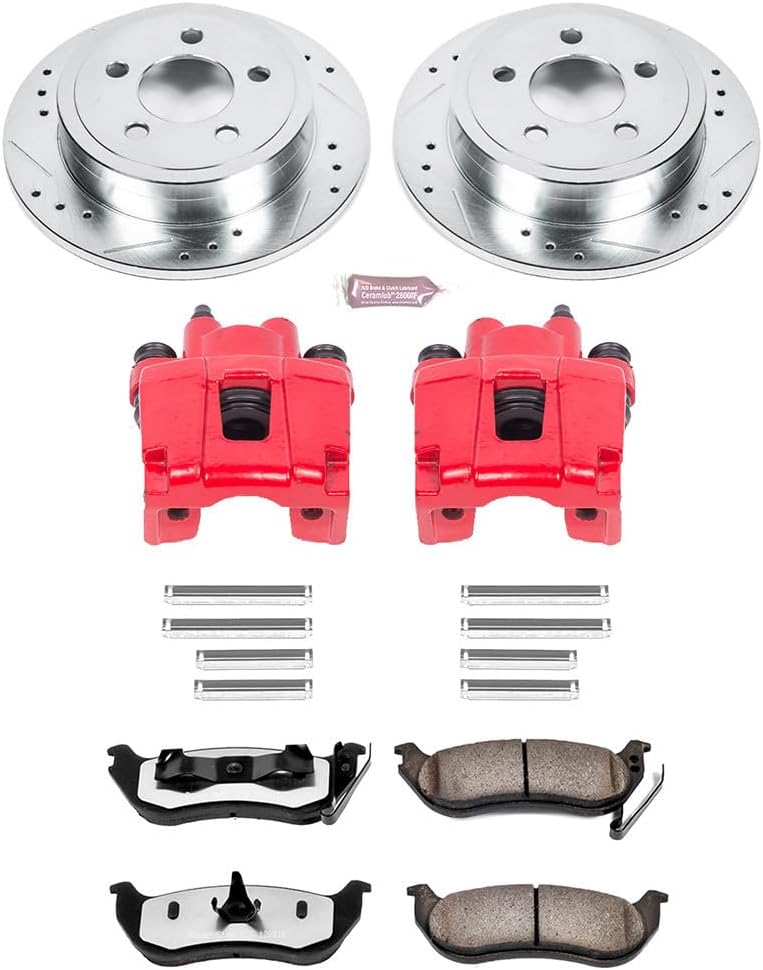 PowerStop Rear Brake & Caliper Kit for Jeep Liberty 2003-07 | Jeep Wrangler 2003-06 - Drilled & Slotted Disc Rotors + Z36 Brake Pads + Red-Powder Coated Calipers, KC2197-36
