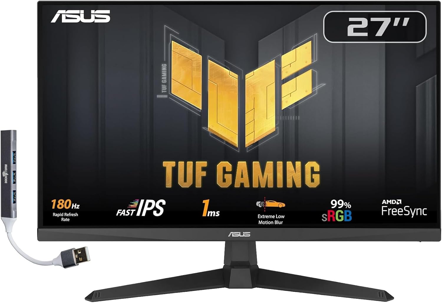 ASUS TUF Gaming 27' 1080P FHD IPS Monitor with 1ms Response Time, 180Hz Refresh Rate, Anti Glare, Flicker Free, VESA Mount, Built-in Speakers, Displayport, HDMI & Dockztorm USB Port Expander, Black