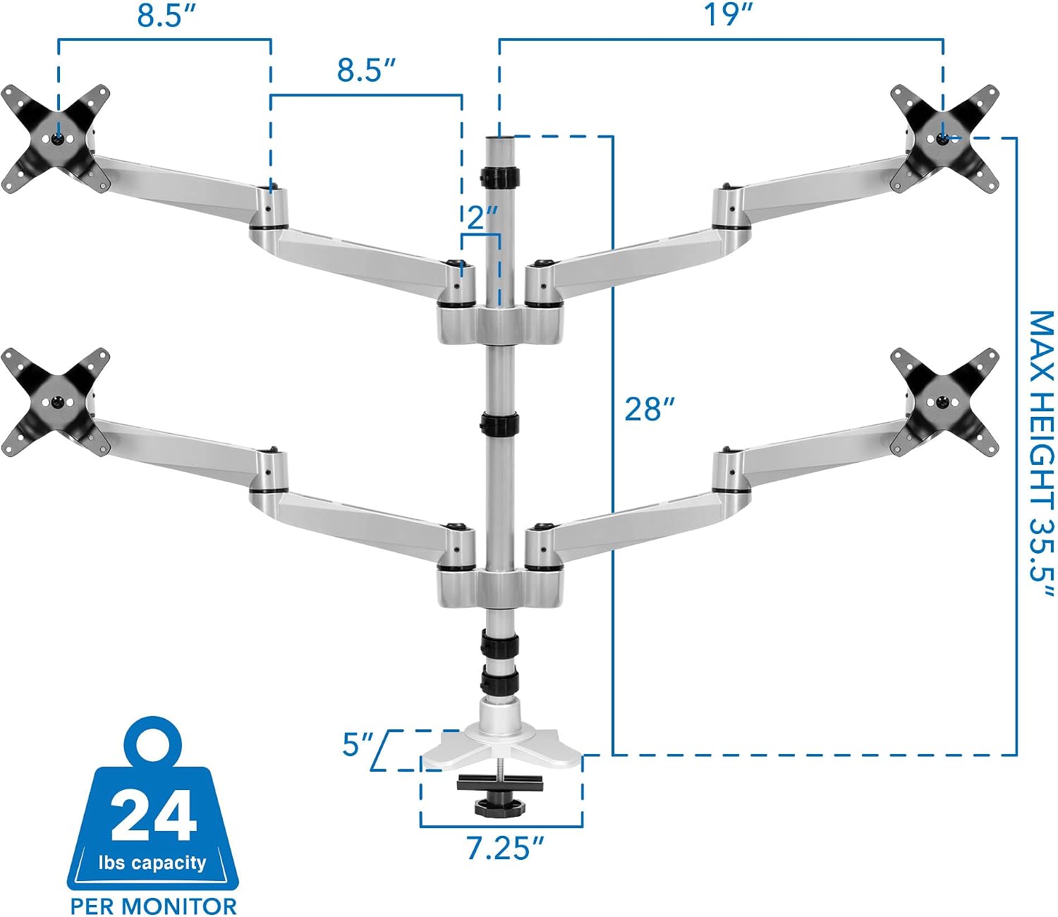 Mount-It! Quad Monitor Desk Mount | Full Motion Monitor Arms for Four Computer Displays | Premium Aluminum Mount with Quick Disconnect Technology