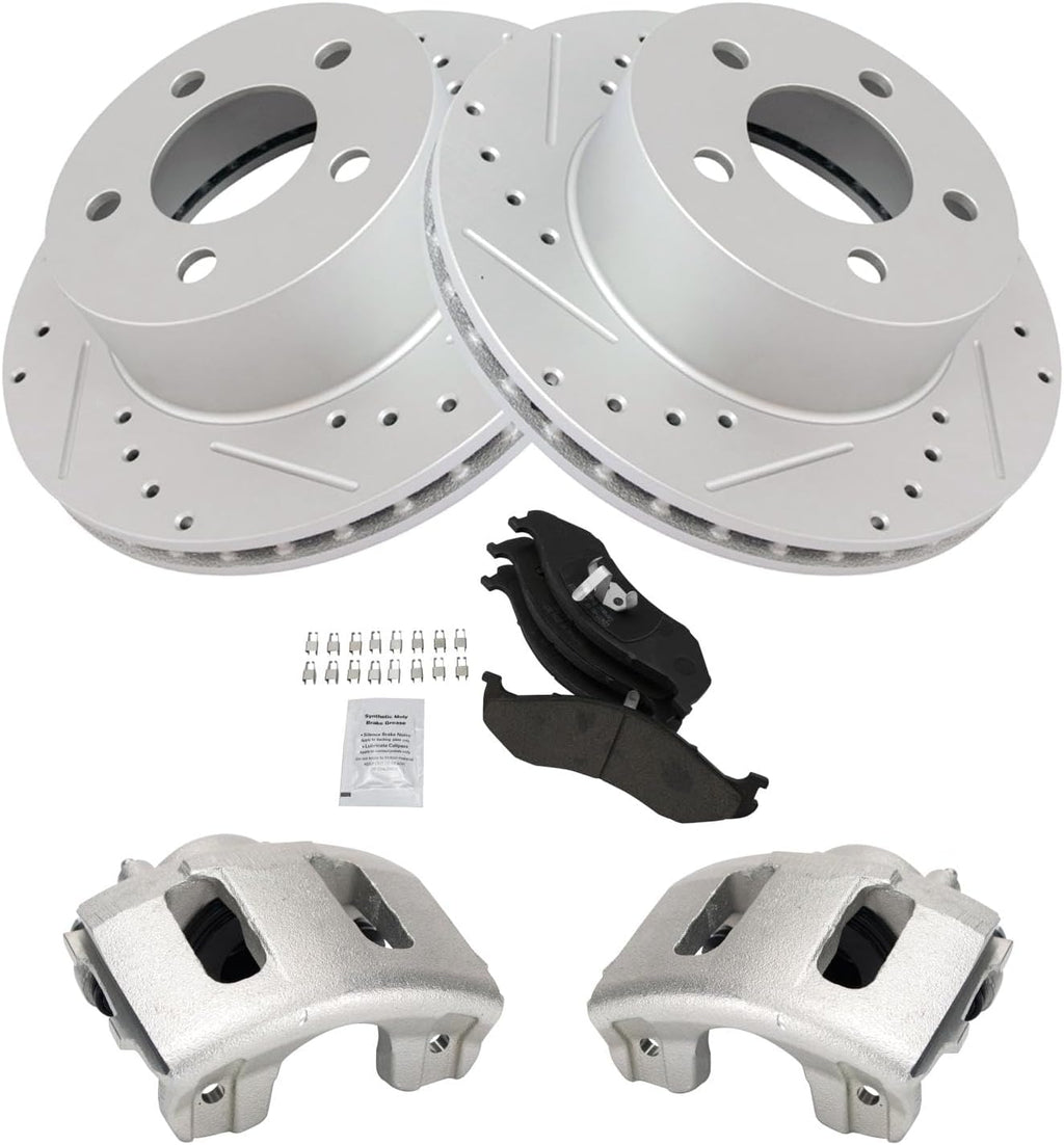 TRQ Performance Front Brake Pad and Rotor Set Ceramic Coated Drilled Slotted Vented Rotors Calipers Compatible with 91-98 Jeep Cherokee 91-92 Comanche 93-98 Grand Cherokee 91-99 Wrangler