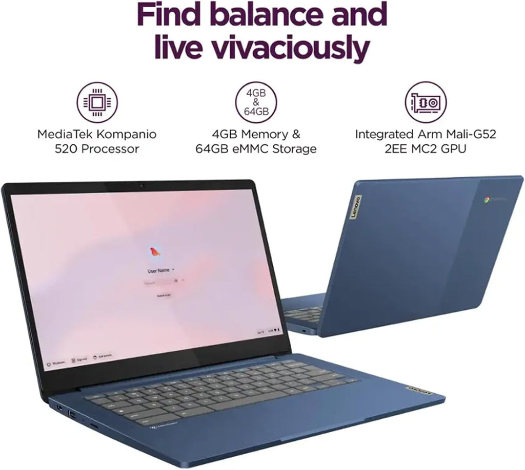 Lenovo IdeaPad Slim 3 Chromebook 14 | Student and Business | Full HD | Kompanio 520 CPU(8-core) | Long Battery Life (up to 13.5 Hours) | 64GB Micro SD Card | 4GB Memory | 64GB eMMC | Abyss Blue