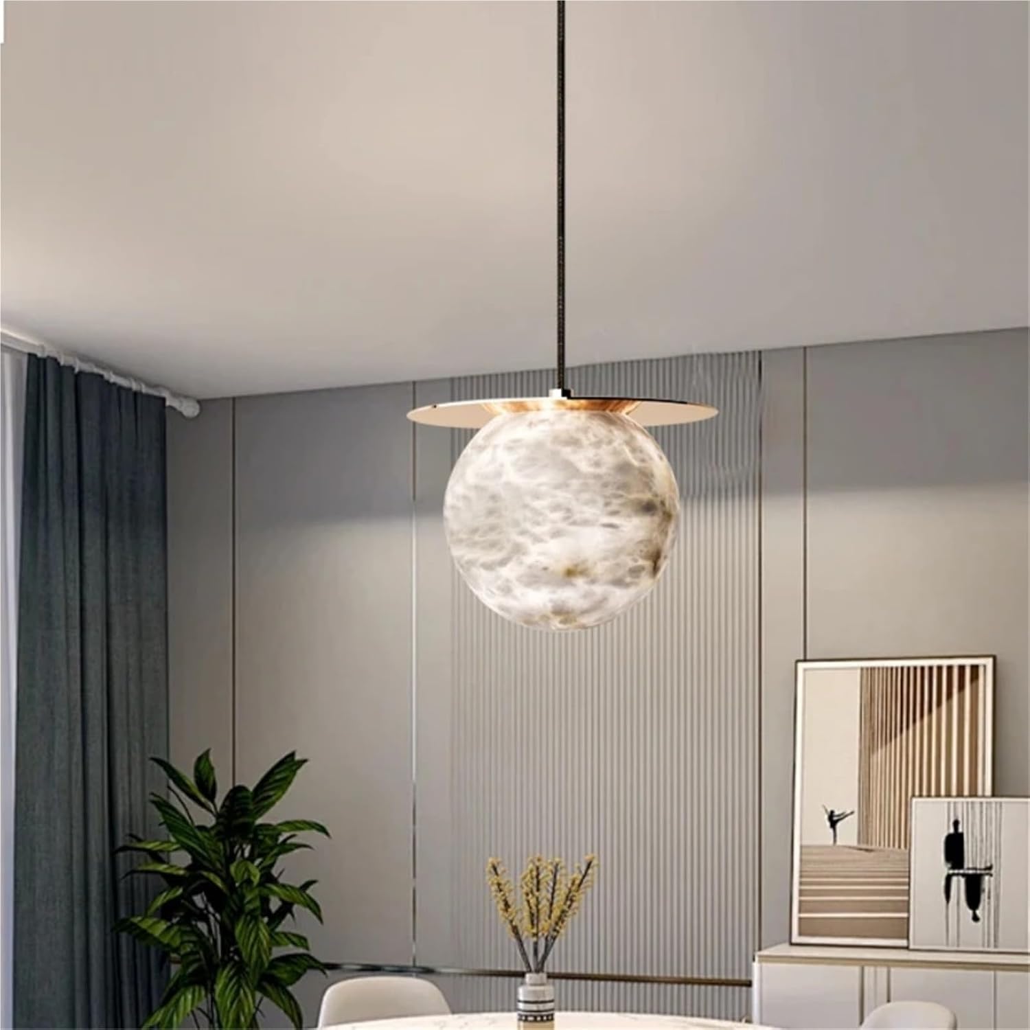 Light Luxury All Copper Gold Silver Round Natural Lucite Ball Pendant Light,Ceiling Adjustable Living Room Decorative Fixtures,for Living Room