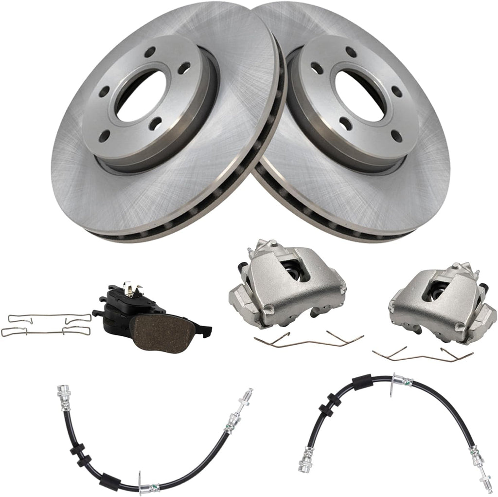 TRQ Front Brake Pad and Rotor Set Ceramic Rotors Calipers Hoses Compatible with 2012-2016 Ford Focus 2013-2018 C-Max