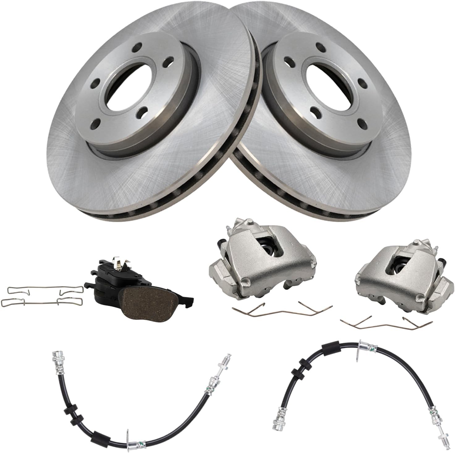 TRQ Front Brake Pad and Rotor Set Ceramic Rotors Calipers Hoses Compatible with 2012-2016 Ford Focus 2013-2018 C-Max