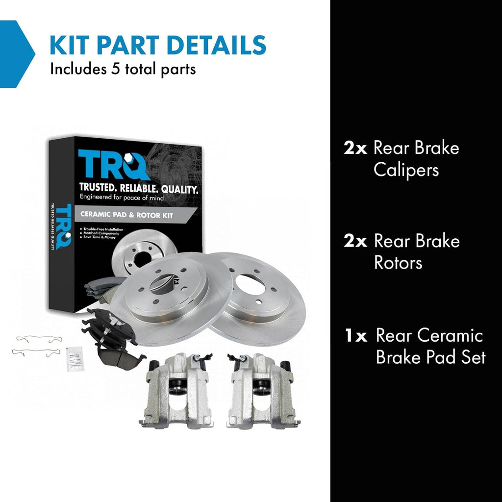 TRQ Rear Brake Pad and Rotor Set Ceramic Solid Rotors Calipers Compatible with 2005-2008 Ford Escape Mazda Tribute Mercury Mariner