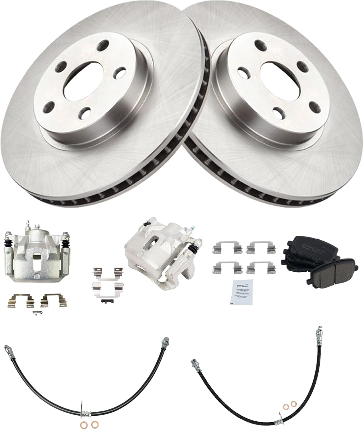 TRQ Front Brake Pad and Rotor Set Ceramic Vented Rotors Calipers Hoses Compatible with 2003-2008 Toyota Corolla