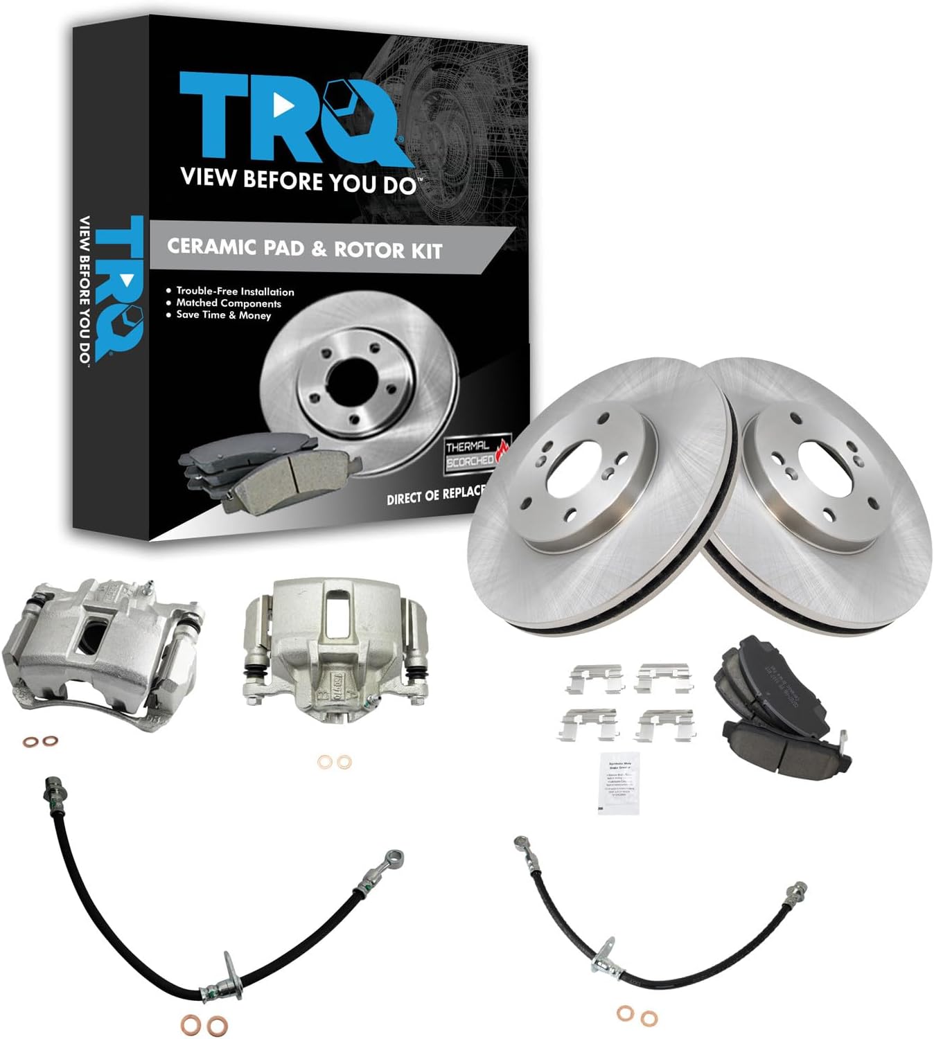 TRQ Front Brake Pad and Rotor Set Ceramic Rotors Calipers Hoses Compatible with 2003-2007 Honda Accord