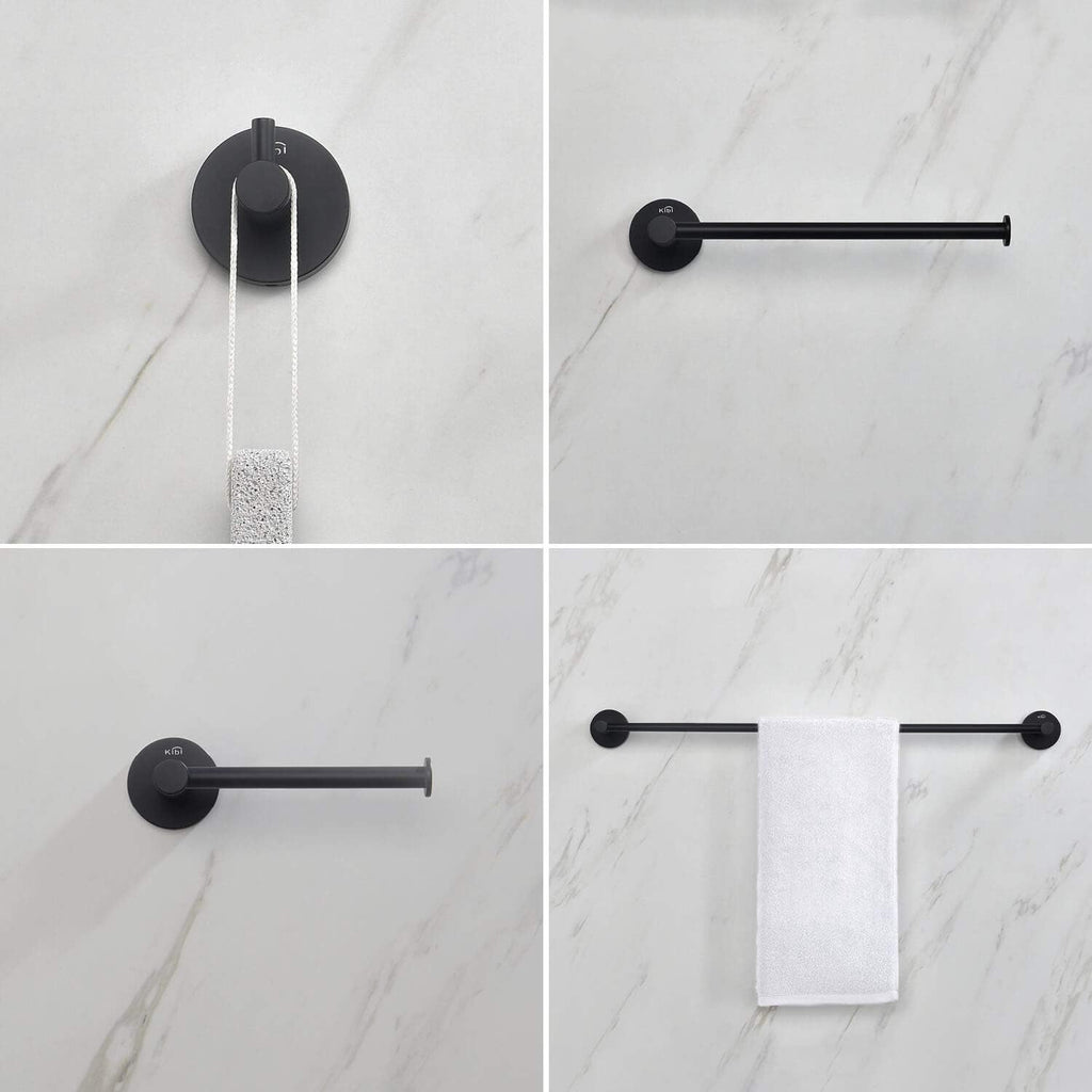 KIBI 4-Piece Circular Bathroom Hardware Set - Matte Black Finish | Includes Towel Bar, Towel Ring, Toilet Paper Holder, and Robe Hook | Durable Solid Brass Construction and Rust-Resistant (C-KBA14-4)