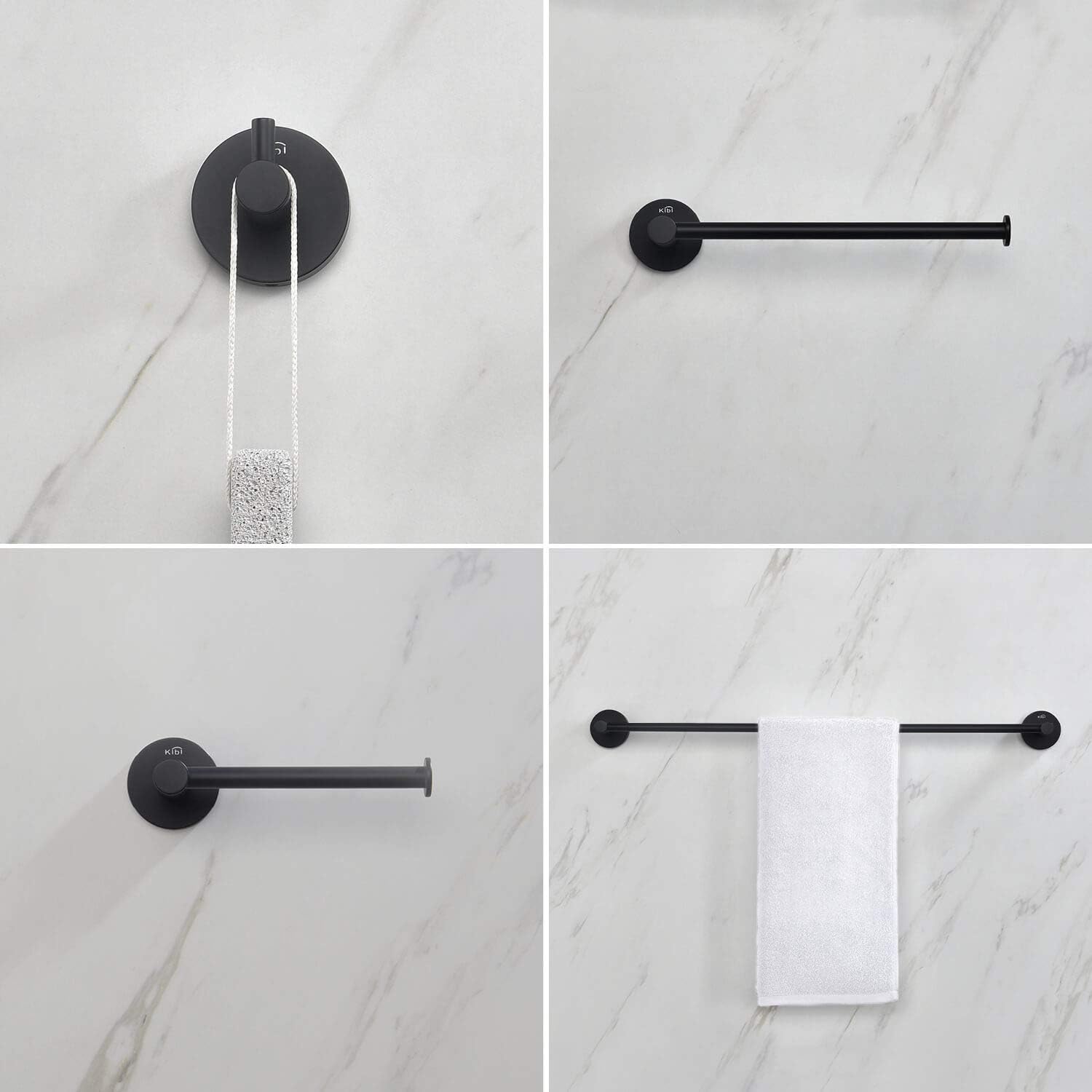 KIBI 4-Piece Circular Bathroom Hardware Set - Matte Black Finish | Includes Towel Bar, Towel Ring, Toilet Paper Holder, and Robe Hook | Durable Solid Brass Construction and Rust-Resistant (C-KBA14-4)