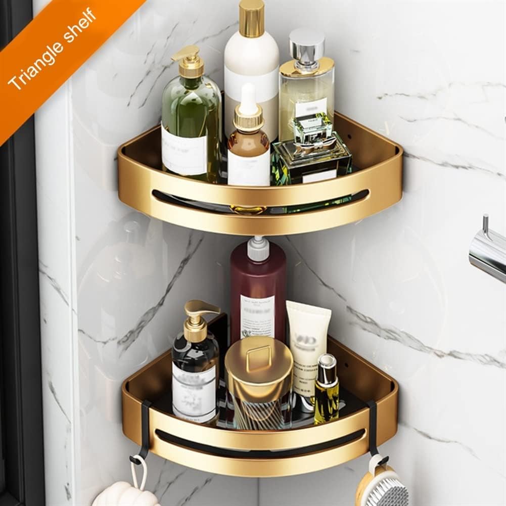 LSLYTQ Shower Caddy Bathroom Hotel Bath Towel Rack Shelf, Toilet Paper Holder, Double Towel Bar Accessories, Aluminum Alloy, Black Gold 50cm Bathroom Shelf Storage