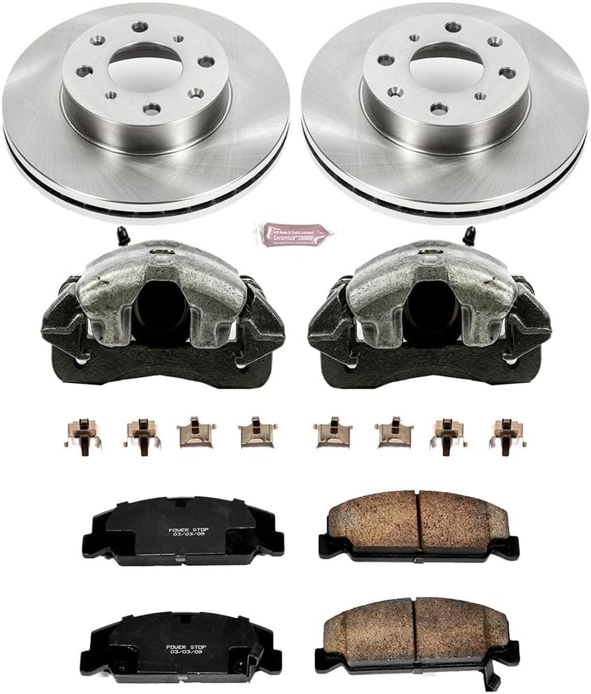 PowerStop Front Brake & Caliper Kit for Honda Civic 1990-00 | Honda Civic del Sol 1993-97 | Honda CRX 1990-91 - Ceramic Brake Pads + Calipers + Disc Rotors Replacement, KCOE699